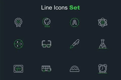 Set line Alarm clock, Protractor grid, School Bus, Certificate template, Te.. 库存插图