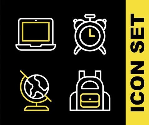 Set line Alarm clock, School backpack, Earth globe and Laptop icon. Vector Stock Illustration