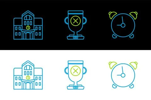 Set line Alarm clock, School building and Award cup icon. Vector Ilustración de archivo
