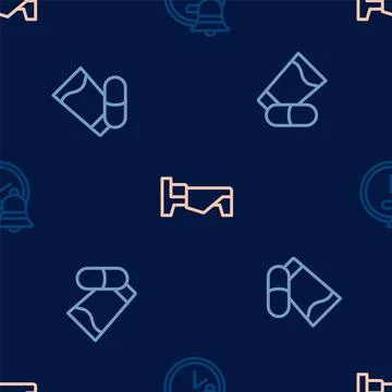 Set line Alarm clock, Sleeping pill and Bed on seamless pattern. Vector Stock Illustration