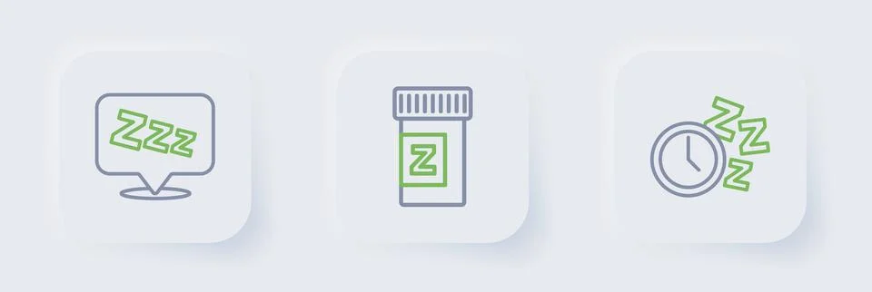 Set line Alarm clock, Sleeping pill and Sleepy icon. Vector イラスト素材