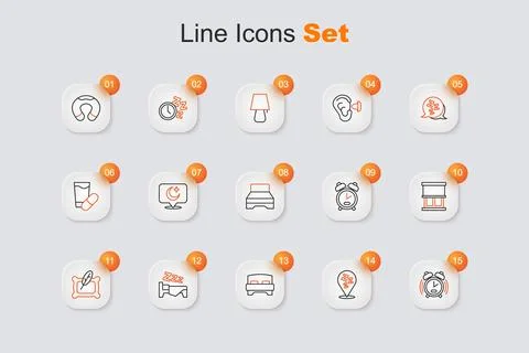 Set line Alarm clock, Sleepy, Big bed, Time to sleep, Pillow, Window with c.. イラスト素材