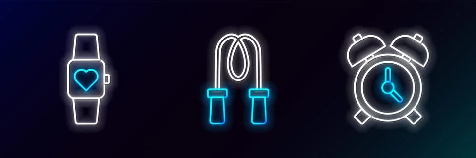 Set line Alarm clock, Smart watch and Jump rope icon. Glowing neon. Vector Stock Illustration