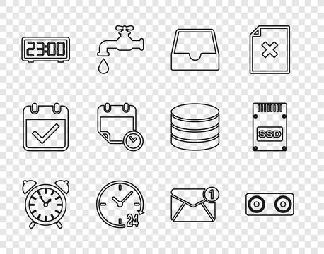 Set line Alarm clock, Stereo speaker, Social media inbox, Clock 24 hours, D.. 库存插图