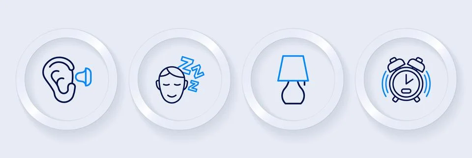 Set line Alarm clock, Table lamp, Dreams and Earplugs and ear icon. Vector Stock Illustration
