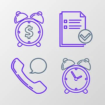 Set line Alarm clock, Telephone handset and speech bubble chat, Document check 库存插图