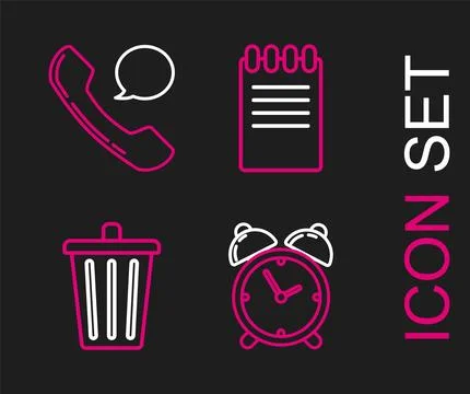 Set line Alarm clock, Trash can, Notebook and Telephone handset and speech .. Stock Illustration