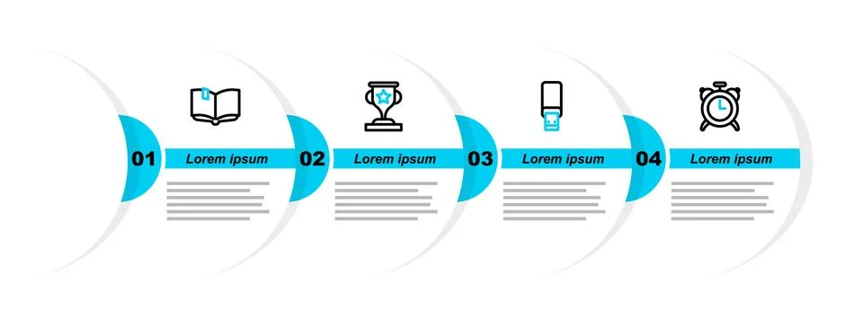 Set line Alarm clock, USB flash drive, Award cup and Open book icon. Vector Stock Illustration