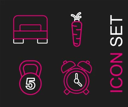 Set line Alarm clock, Weight, Carrot and Big bed icon. Vector Stock Illustration