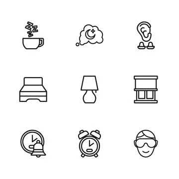 Set line Alarm clock, Window with curtains, Eye sleep mask, Table lamp, Ear.. Stock Illustration