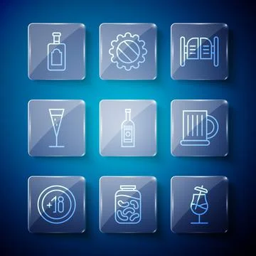 Set line Alcohol 18 plus, Pickled cucumbers in a jar, Cocktail, Saloon door Stock Illustration