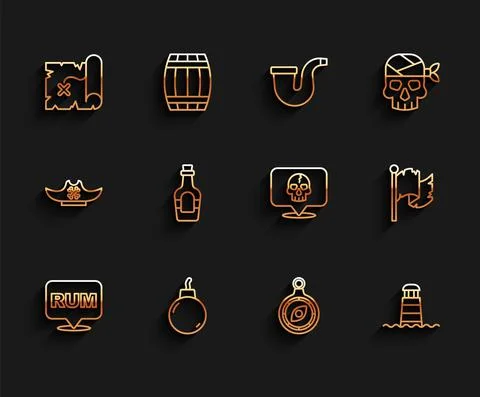 Set line Alcohol drink Rum, Bomb ready to explode, Pirate treasure map, Compass Illustrazione stock