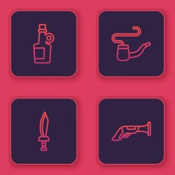 Set line Alcohol drink Rum, Pirate sword, Smoking pipe and Vintage pistol. .. Stock Illustration