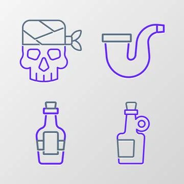 Set line Alcohol drink Rum, Smoking pipe and Pirate captain icon. Vector Stock Illustration