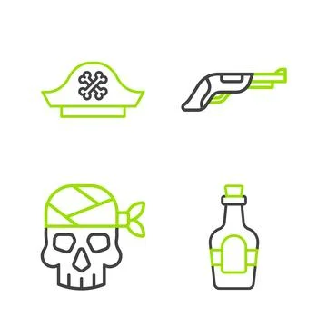 Set line Alcohol drink Rum, Pirate captain, Vintage pistol and hat icon. Vect Stock Illustration