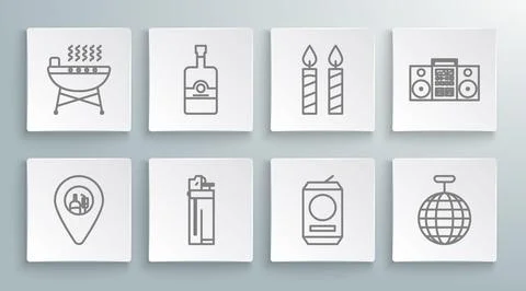Set line Alcohol or beer bar location, Whiskey bottle, Lighter, Beer can, D.. Stock Illustration
