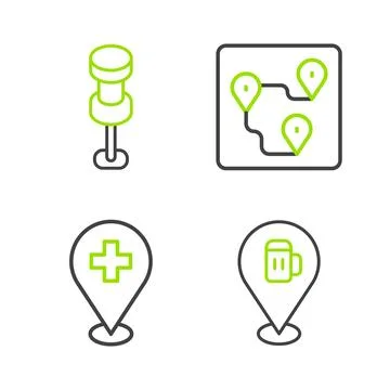 Set line Alcohol or beer bar location, Medical with cross, Route and Push p.. Stock Illustration