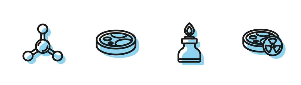 Set line Alcohol or spirit burner, Molecule, Petri dish with bacteria and Test 库存插图