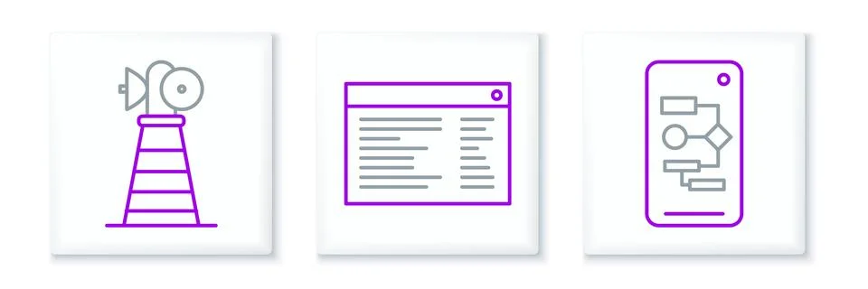 Set line Algorithm, Antenna and Software, web developer programming code icon 스톡 일러스트