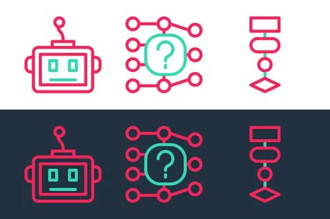 Set line Algorithm, Artificial intelligence robot and Neural network icon 库存插图