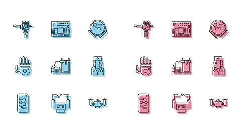 Set line Algorithm, Assembly line, Mechanical robot hand and screwdriver, Drone 스톡 일러스트