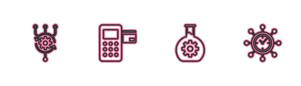 Set line Algorithm, Bioengineering, Pos terminal and Clock and gear icon. Vector Stock Illustration