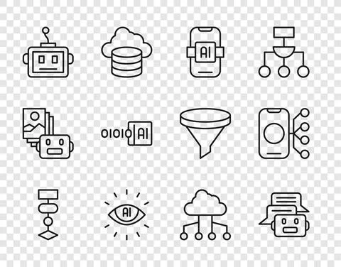 Set line Algorithm, Chat bot, Artificial intelligence AI, robot, Binary code Stock Illustration