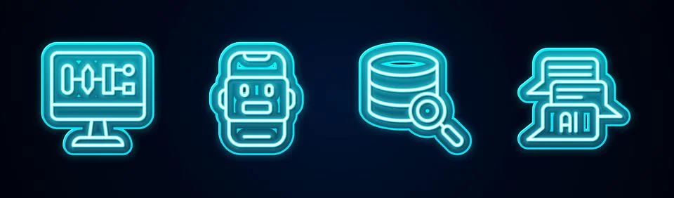 Set line Algorithm, Chat bot, Server and . Glowing neon icon. Vector Stockillustratie