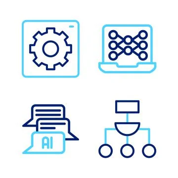 Set line Algorithm, Chat bot, Neural network and Computer api interface icon 스톡 일러스트