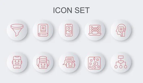 Set line Algorithm, Chat bot, Mobile phone, Neural network, Funnel filter Illustrazione stock