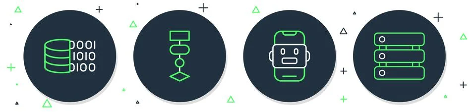 Set line Algorithm, Chat bot, Binary code and Server, Data icon. Vector Stock Illustration