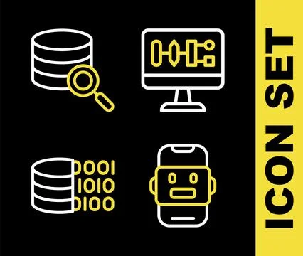 Set line Algorithm, Chat bot, Binary code and Server icon. Vector 스톡 일러스트