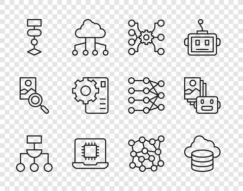 Set line Algorithm, Cloud database, Neural network, Processor CPU, and Stockillustratie