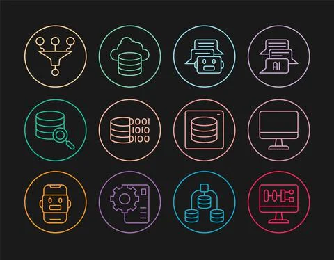 Set line Algorithm, Computer monitor, Chat bot, Binary code, Server, Funnel Stock Illustration