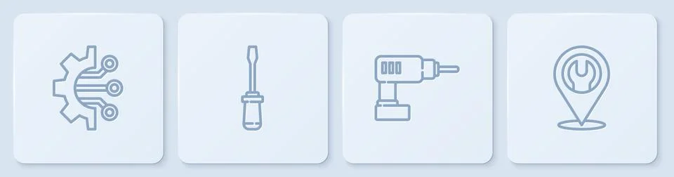 Set line Algorithm, Electric drill machine, Screwdriver and Location with wrench Illustrazione stock