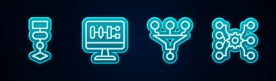 Set line Algorithm, Funnel filter and Neural network. Glowing neon icon. Vector Stock-Illustration