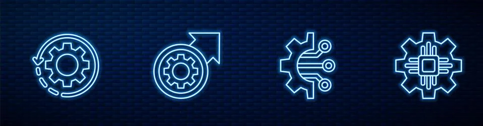 Set line Algorithm, Gear and arrows as workflow, process and Processor. Glowing Stock Illustration