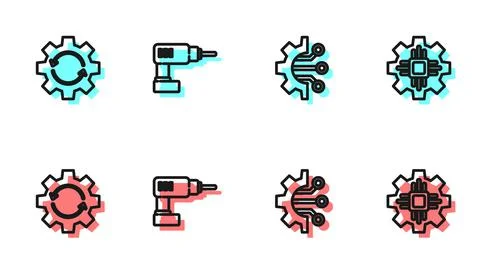 Set line Algorithm, Gear and arrows as workflow, Electric drill machine and Illustrazione stock