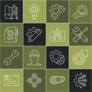 Set line Algorithm, Gear and arrows as workflow process, Screwdriver wrench.. Stock Illustration