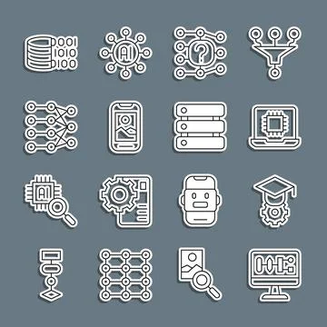 Set line Algorithm, Graduation cap, Processor CPU, Neural network, Mobile phone Stock Illustration