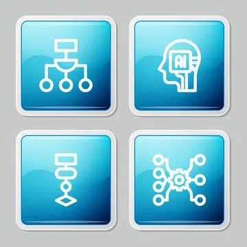 Set line Algorithm, Humanoid robot, and Neural network icon. Vector イラスト素材