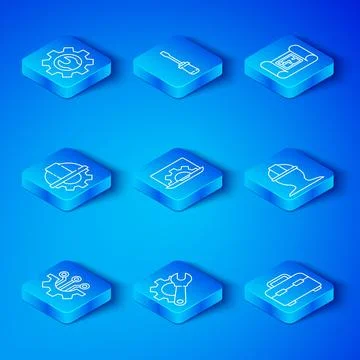 Set line Algorithm, Laptop and gear, Wrench spanner, Worker safety helmet, House Illustrazione stock