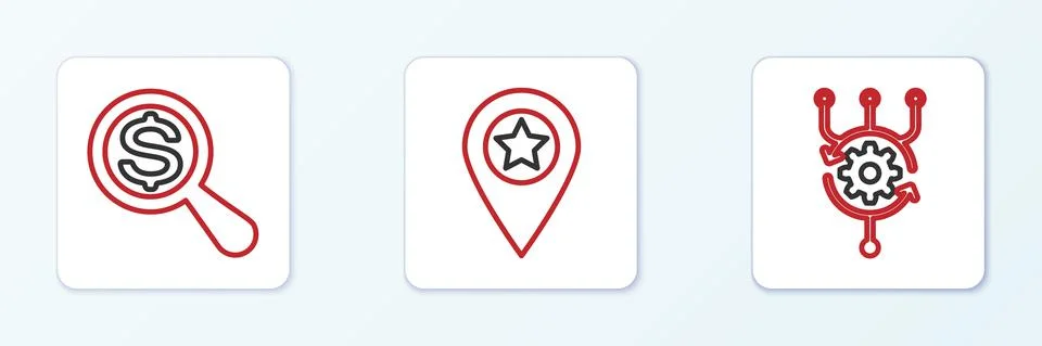 Set line Algorithm, Magnifying glass and dollar and Location with star icon Illustrazione stock