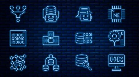 Set line Algorithm, Neural network, Chat bot, Artificial intelligence AI, Binary Stock Illustration