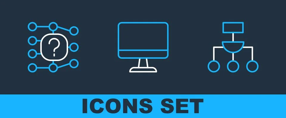 Set line Algorithm, Neural network and Computer monitor icon. Vector Stock Illustration