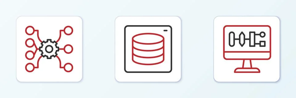 Set line Algorithm, Neural network and Server, Data icon. Vector Stockillustratie