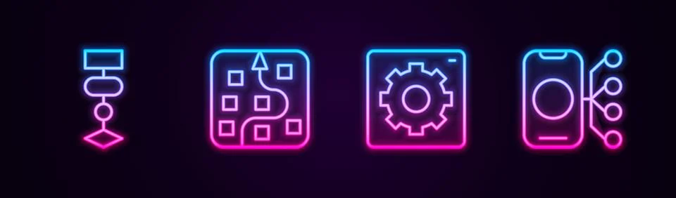 Set line Algorithm, Neural network, Computer api interface and . Glowing ne.. Stock Illustration