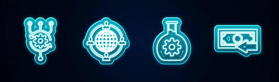 Set line Algorithm, Outsourcing concept, Bioengineering and Cash back. Glowing Stock Illustration