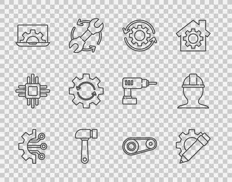 Set line Algorithm, Pencil and gear, Gear arrows as workflow, Hammer, Lapto.. Stock Illustration