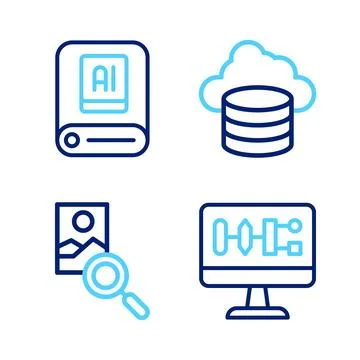 Set line Algorithm Photo retouching Cloud database and Artificial intelligenc Stock Illustration